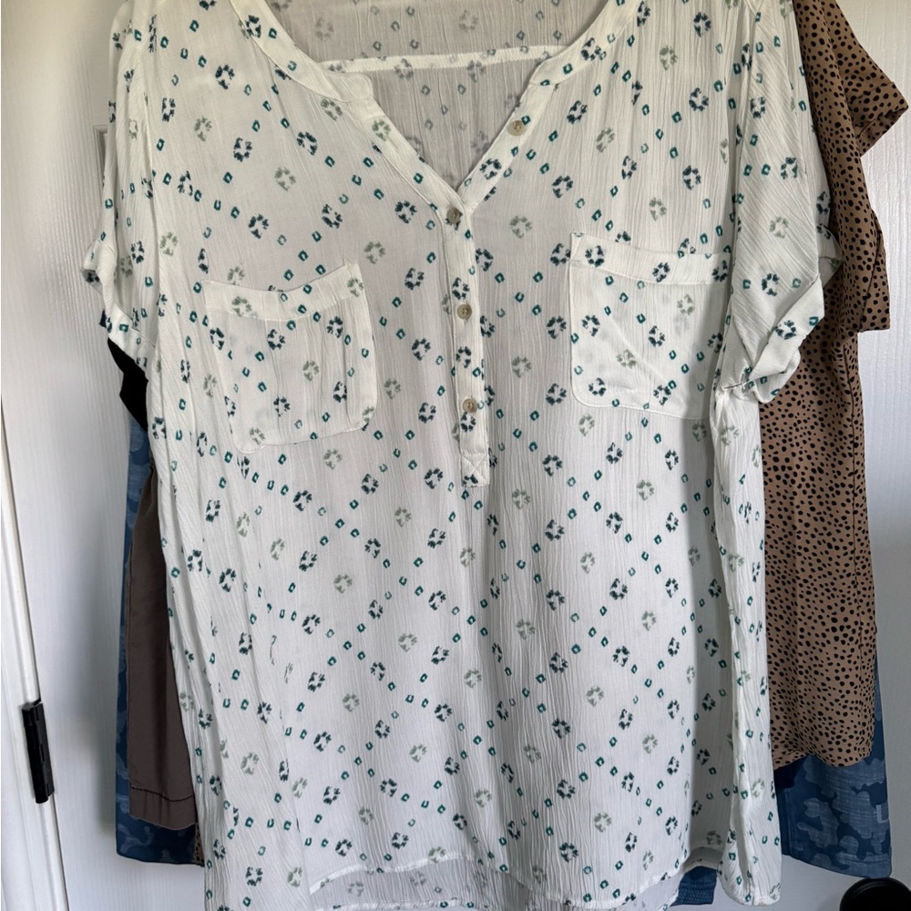 Floral Button-Down Blouse - White and Blue